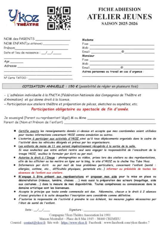 Fiche d'adhésion jeunes